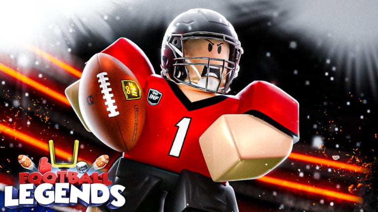 Football Legends quarterback in a red number 1 jersey winding up a throw under stadium lights