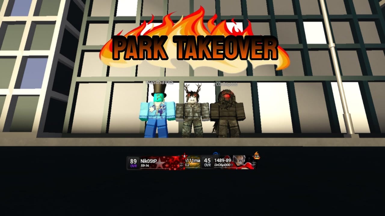 Football Legends Park lobby with OVR player cards and three avatars standing in front of the glass building